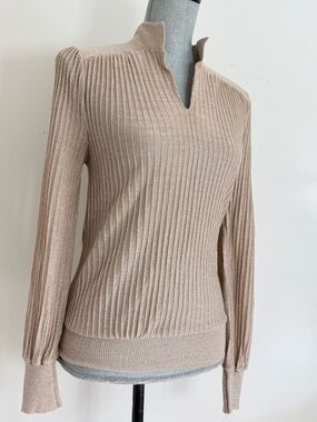 Vintage 70s Shimmer Ribbed Mock Neck Sweater | Minimalist Neutral Knit